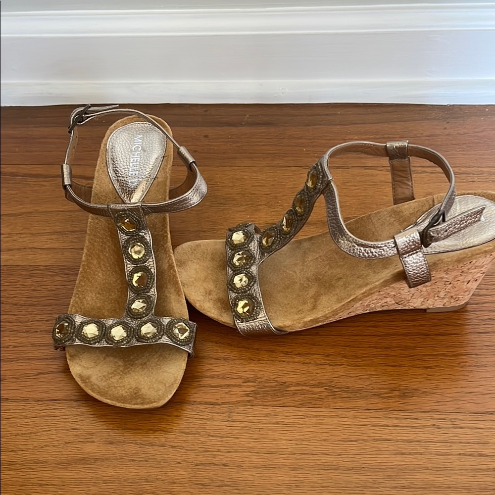 Michelle D Pewter Wedge Sandals with Beads